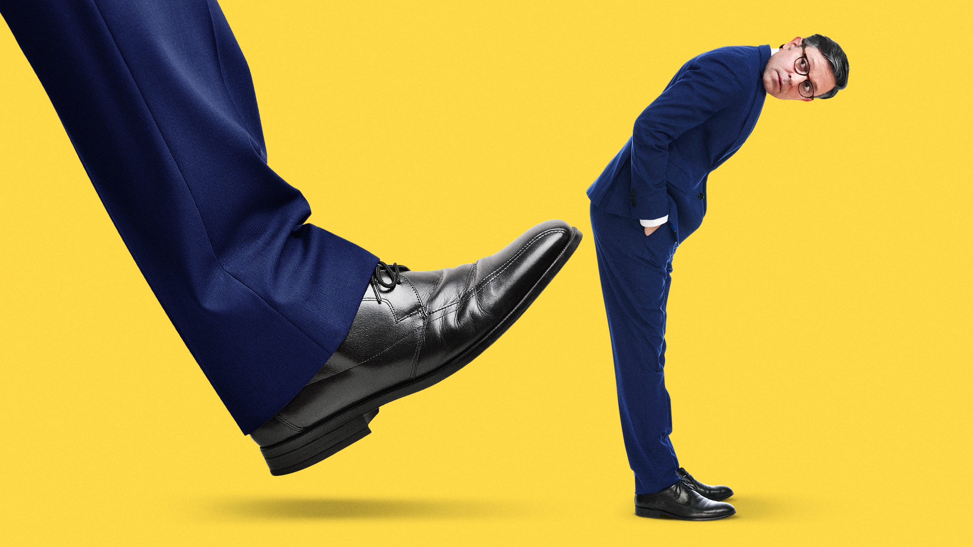 Illustration of Speaker Mike Johnson about to be kicked in the butt by an oversized shoe