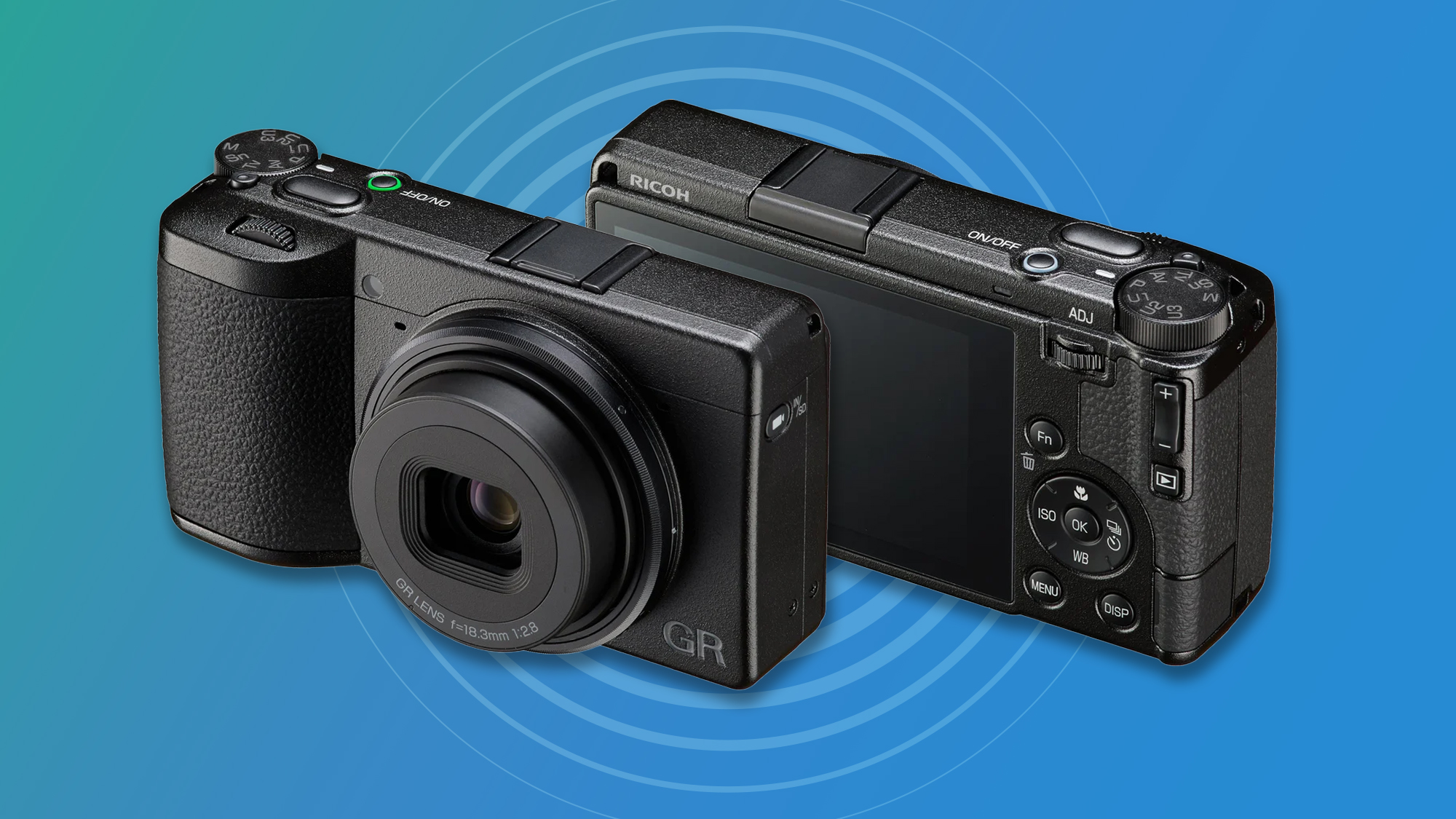 Both front and rear views of the Ricoh GR IV compact camera, on a blue background with radar graphic overlay