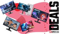 Two KTC monitors, one Samsung monitor, one Acer monitor, and one MSI monitor on a pink deals background