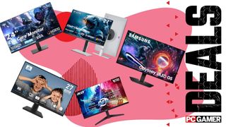 Two KTC monitors, one Samsung monitor, one Acer monitor, and one MSI monitor on a pink deals background
