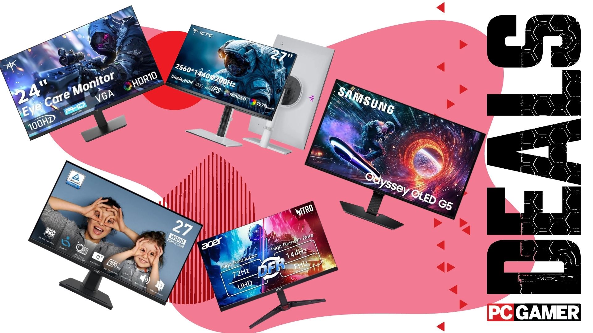Two KTC monitors, one Samsung monitor, one Acer monitor, and one MSI monitor on a pink deals background