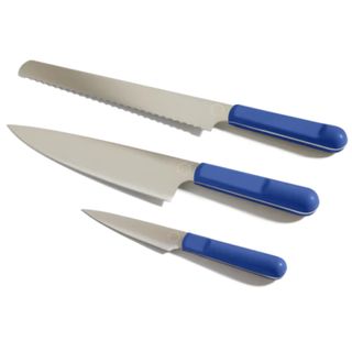 Our Place knife trio including everyday knife, serrated knife and paring knife with Azul electric blue handles