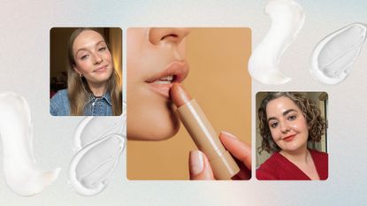 A close-in image of someone applying lip balm, with a picture of beauty writer Annie Milroy and Rhiannon Derbyshire alongside it