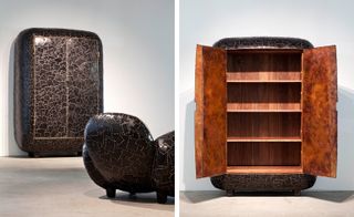 Carapace cupboard and armchair in steel (left) and the Carapace cupboard while open (right)