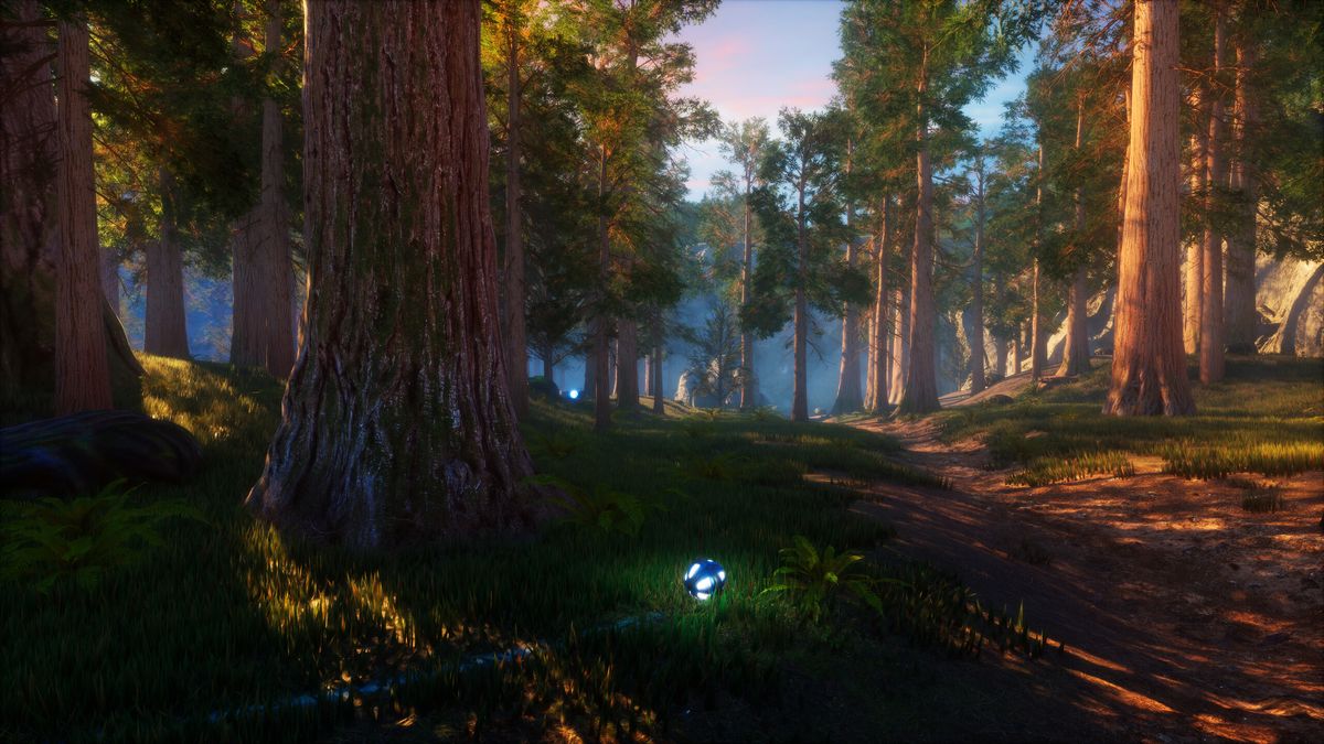 A ball rolls through a forest of towering redwoods in InFlux Redux.