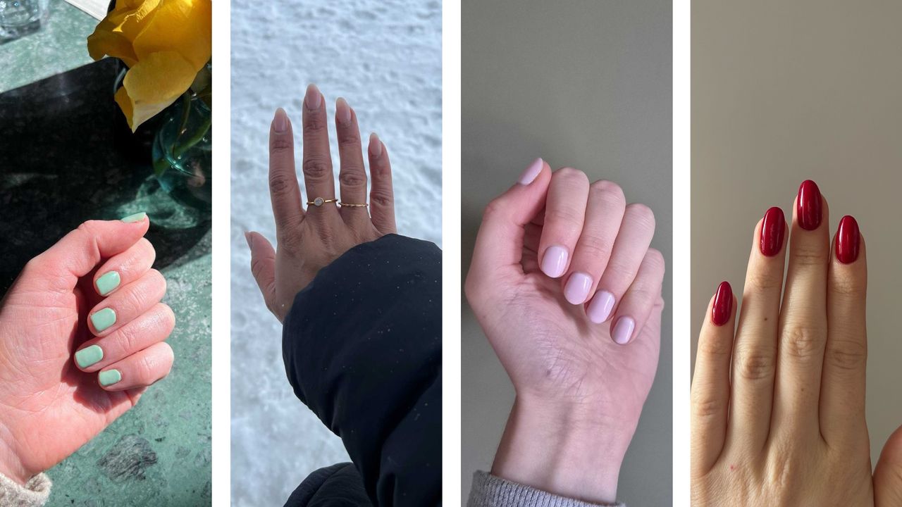 A four-picture collage of the woman&amp;home Digital Beauty team&#039;s march nails: on the left, is a hand with sage-green short nails, next, a hand with long, sheer pink almond nails followed by a hand with pastel pink short nails, and finally, on the far right, a hand with almond cranberry-berry red nails.