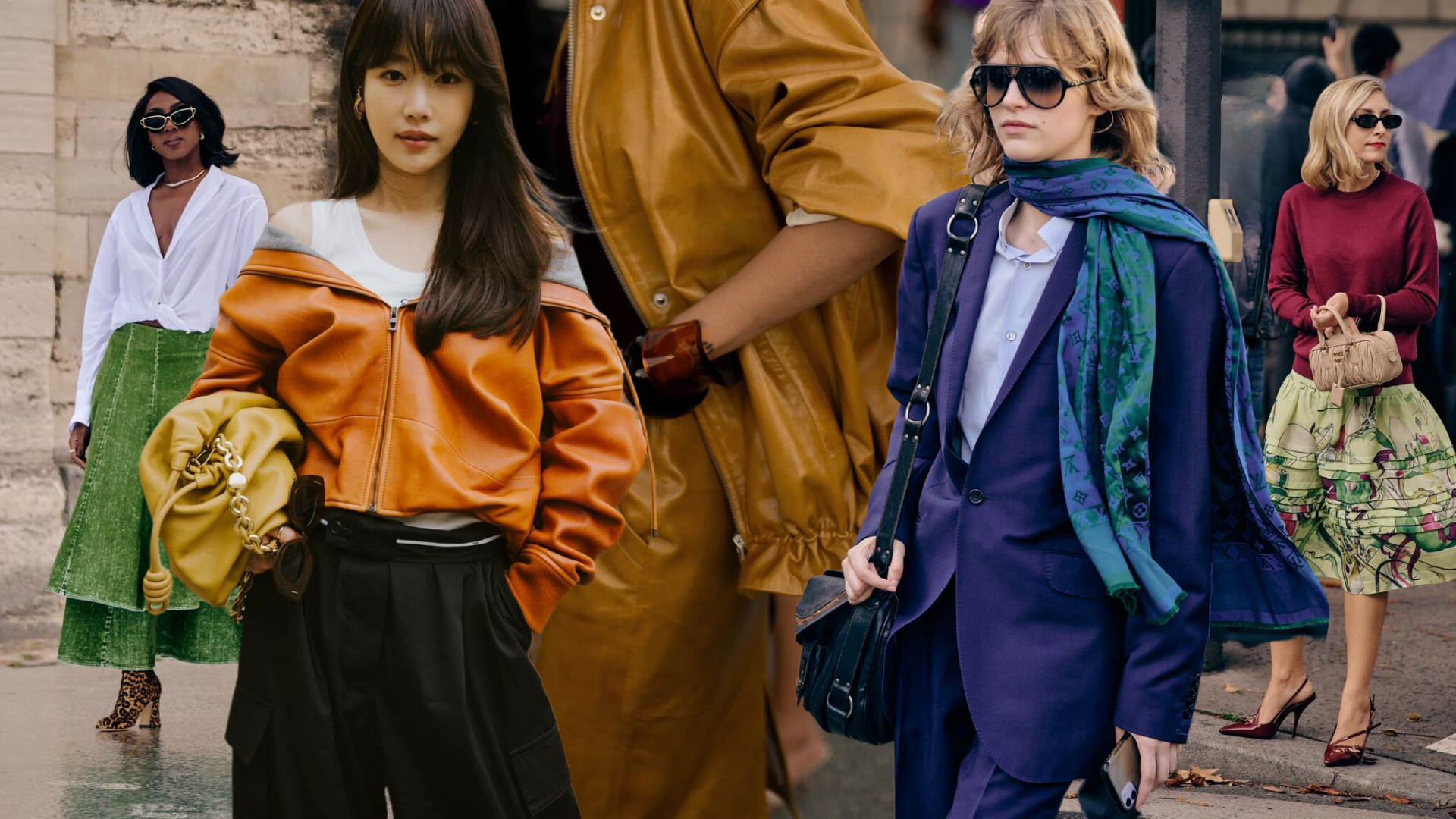 a collage of women at fashion week wearing the fall 2025 color trends, including green, orange, mustard yellow, purple, and maroon