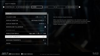 Halo Infinite PC settings screen for video settings