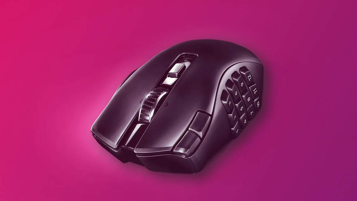 Razer Naga V2 Hyperspeed gaming mouse on a pink to purple gradient background