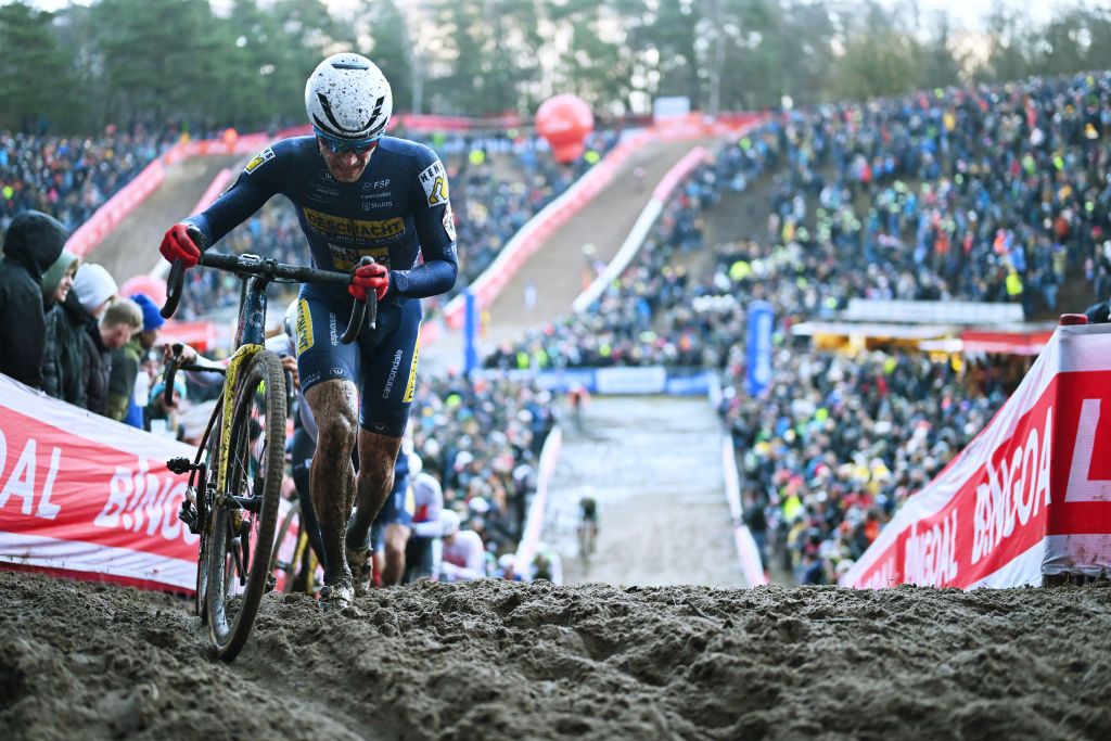 ZONHOVEN BELGIUM DECEMBER 22 Toon Aerts of Belgium and Team Deschacht HensFsp competes during the 28th Zonhoven UCI CycloCross Worldcup 2024 Mens Elite on December 22 2024 in Zonhoven Belgium Photo by Luc ClaessenGetty Images