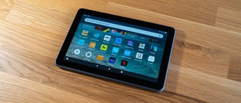 Amazon Fire HD 8 Plus on a wooden surface