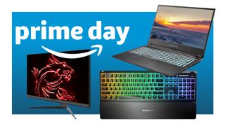 Amazon Prime Day logo accompanied by a laptop, monitor, and keyboard.