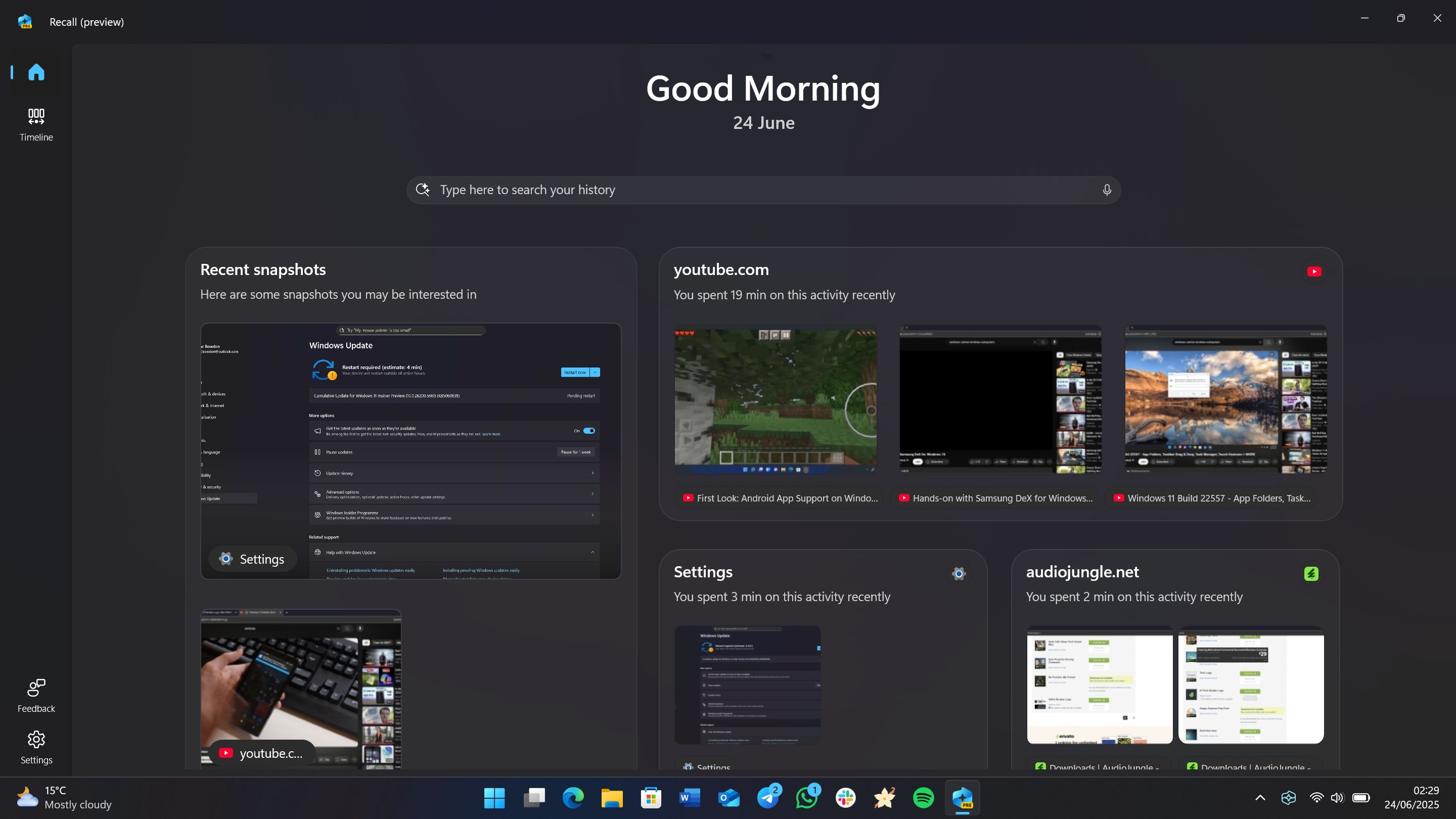 Windows Recall's new homepage with recent snapshots and apps