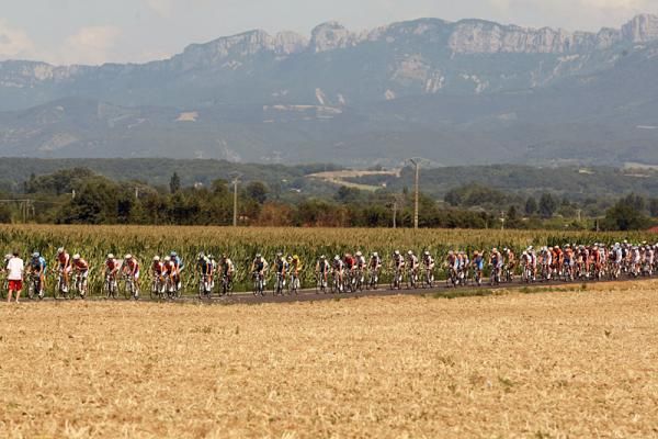 The peloton rolls along during stage 19 from Bourgoin-Jallieu to Aubenas.