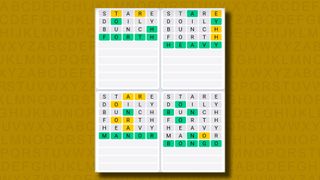 Quordle Daily Sequence answers for game 916 on a yellow background