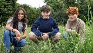 (From left to right) Arabella Stanton as Hermione Granger, Dominic McLaughlin as Harry Potter, and Alastair Stout as Ron Weasley in the HBO Original Harry Potter TV series. 