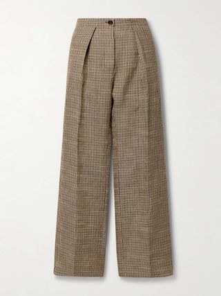 Pleated Checked Linen-Blend Wide-Leg Pants