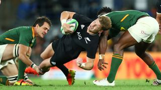 Jordie Barrett of the All Blacks getting tackled on a South Africa vs New Zealand rugby live stream