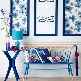 hallway with blue and white coloured and flower pot
