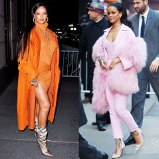 A collage of Rihanna wearing street style outfits