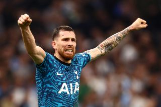 Pierre-Emile Hojbjerg celebrates Tottenham's win over Marseille in the Champions League in November 2022.