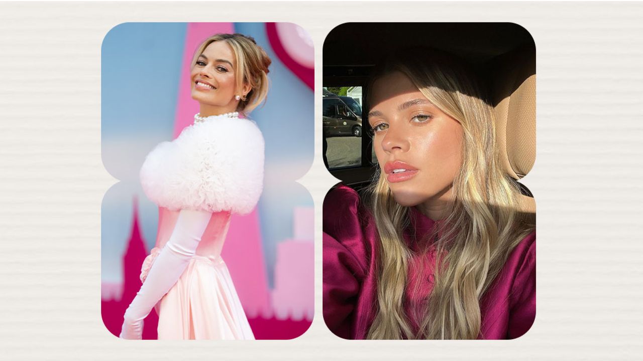 Split image of Margot Robbie posing at London Barbie Premiere with photo of Sofia Richie Grainge in sunlight