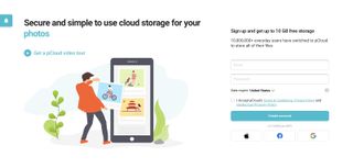 Homepage of pCloud, one of the best Google Photos Alternatives, showing cartoon of bike website on mobile phone