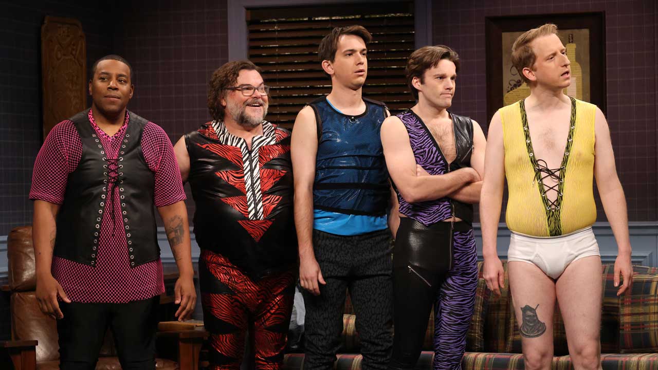 Kenan Thompson, Jack Black, Andrew Dismukes, Tommy Brennan and James Austin Johnson during the "Husbands" SNL sketch on Saturday, April 4, 2026
