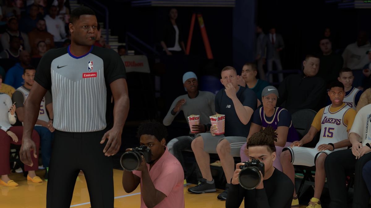 A screenshot of some crowd NPCs from NBA 2K27 with DLSS 5 off