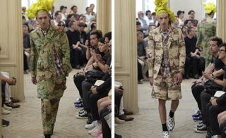 Two images of male models wearing patterned clothing by Comme des Garçons in brown shades.