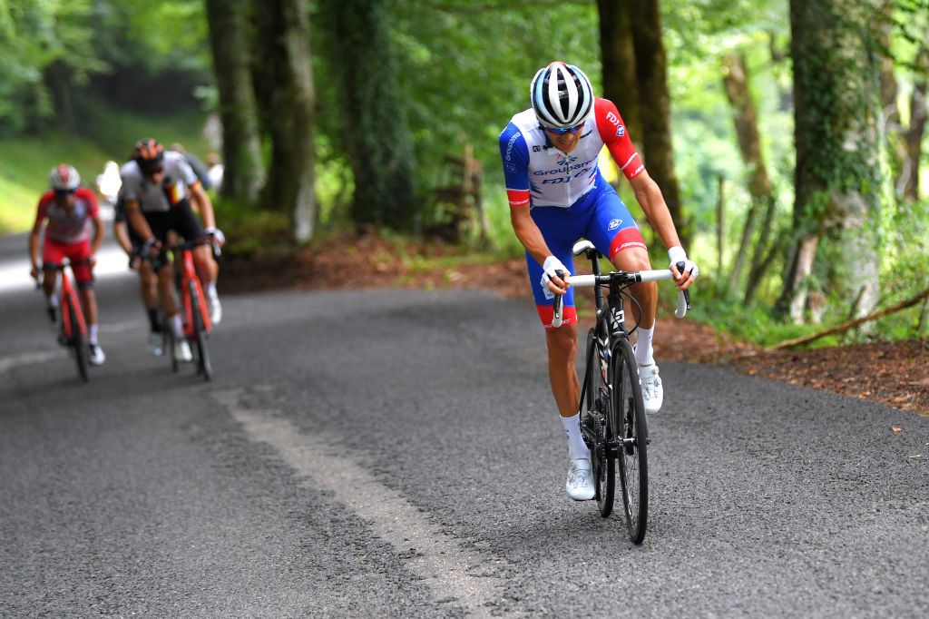 SAINTVULBAS FRANCE JULY 30 Matteo Badilatti of Switzerland and Team Groupama FDJ attacks in the Breakaway during the 33rd Tour de lAin 2021 Stage 2 a 136km stage from Lagnieu to SaintVulbas tourdelain on July 30 2021 in SaintVulbas France Photo by Luc ClaessenGetty Images
