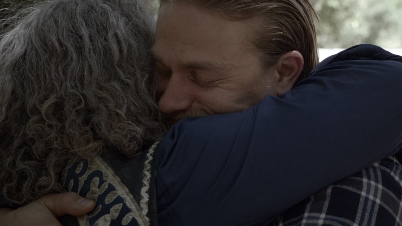 Jax and Bobby hugging tightly in Sons of Anarchy