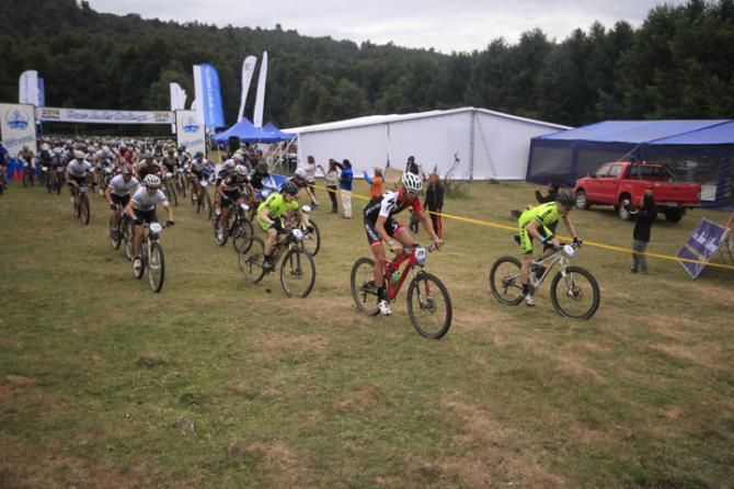 Racers take off after the start of stage 2 at the Trans Andes