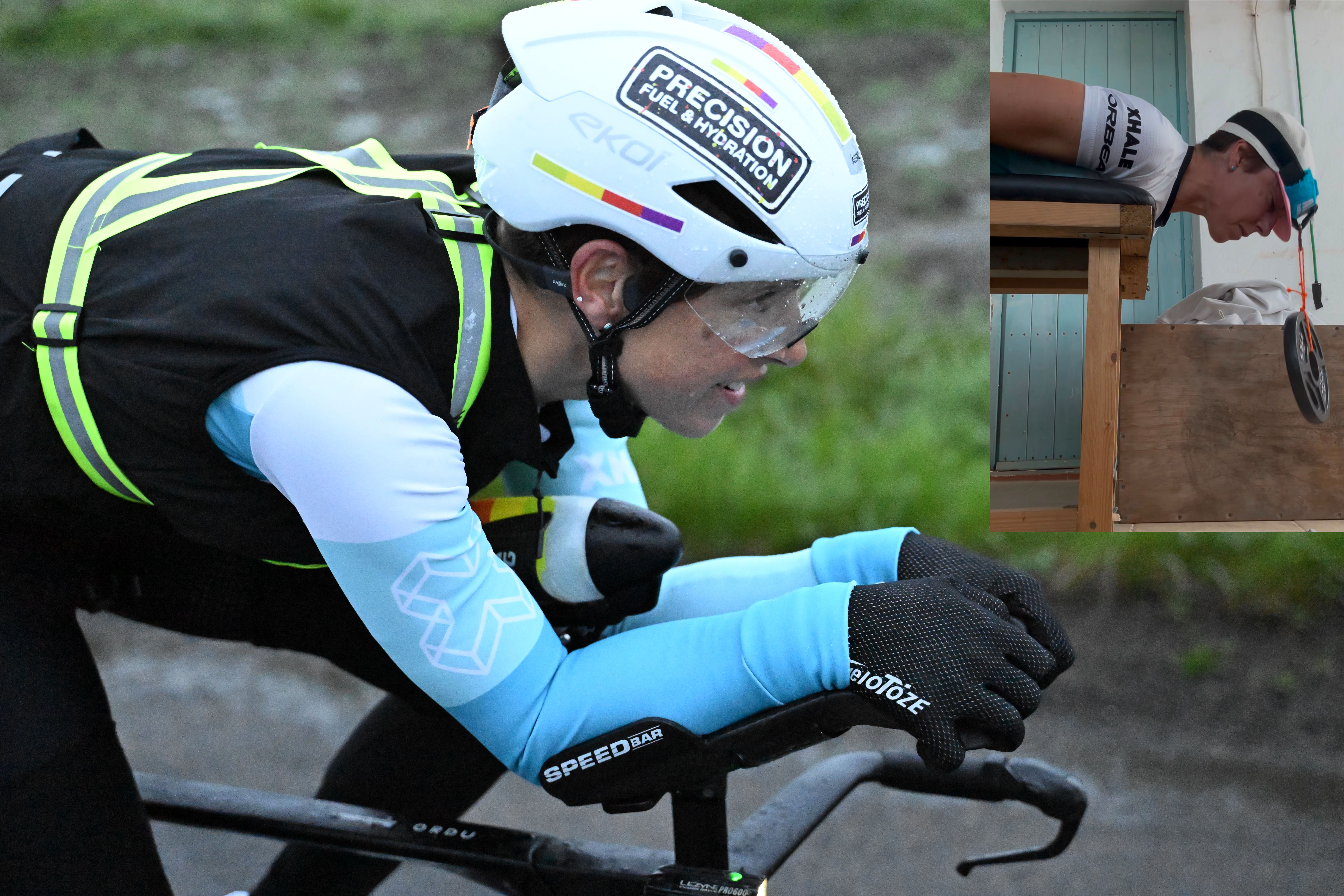 Caroline Livesey riding and insert of neck-strengthening neck exercise