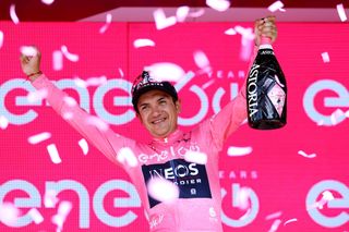 TURIN ITALY MAY 21 Richard Carapaz of Ecuador and Team INEOS Grenadiers celebrates winning the pink leader jersey on the podium ceremony after the 105th Giro dItalia 2022 Stage 14 a 147km stage from Santena to Torino Giro WorldTour on May 21 2022 in Turin Italy Photo by Michael SteeleGetty Images