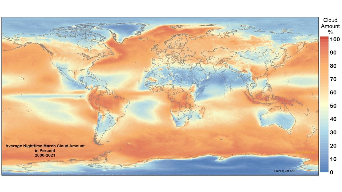 Peta yang menunjukkan persentase cloud cover pada bulan Maret di seluruh dunia.