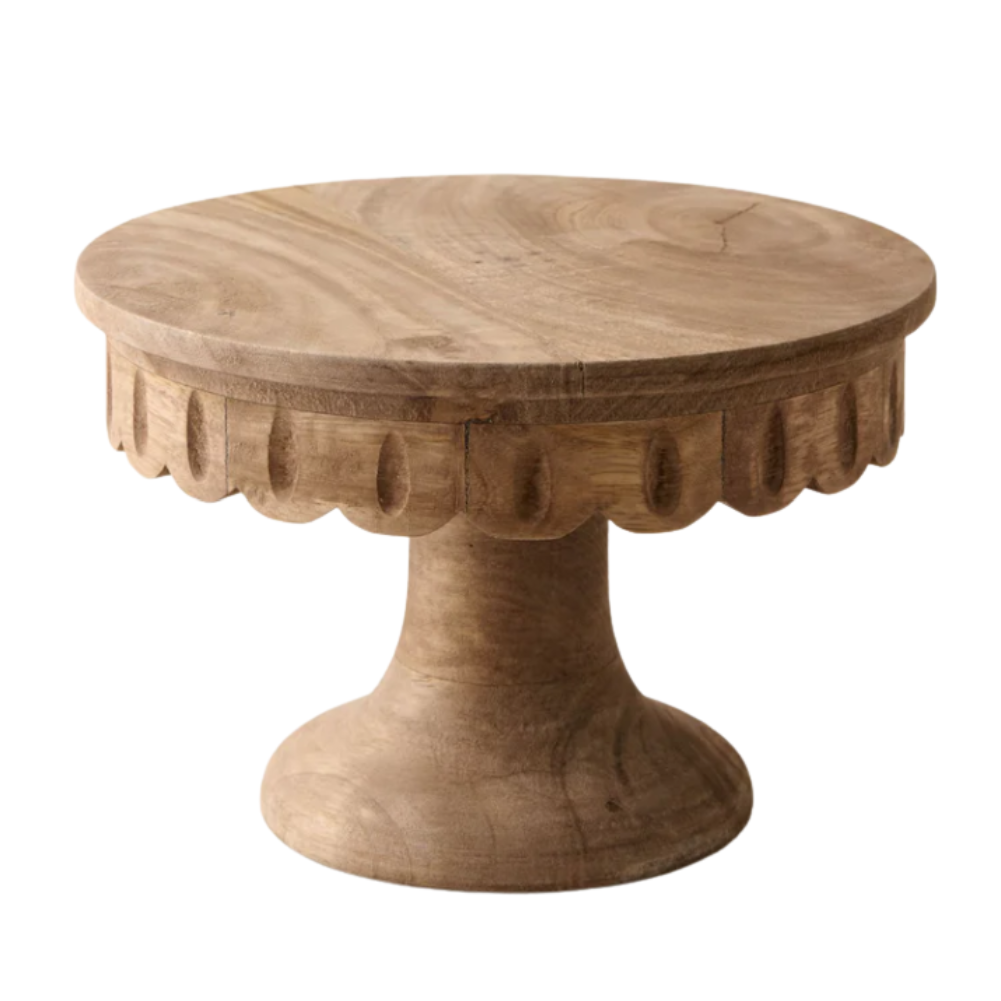 a wooden cake stand with a scallop rim