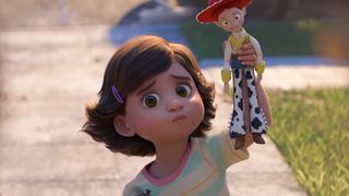 Bonnie upset holding Jessie up in front of Lilypad-using girls in Toy Story 5