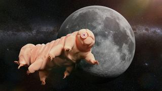 a pinkish, wrinkly, eight-legged creature with a small hold on its faceless head floats larger than life in space, the large moon protrudes the background.