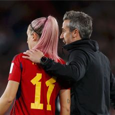 Spanish Women's Football coach Jorge Vilda advises a player during the Women's World Cup