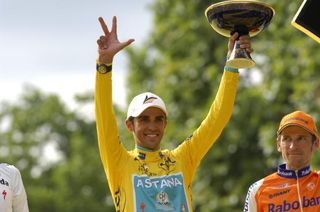 Alberto Contador (Astana) celebrates his third Tour win
