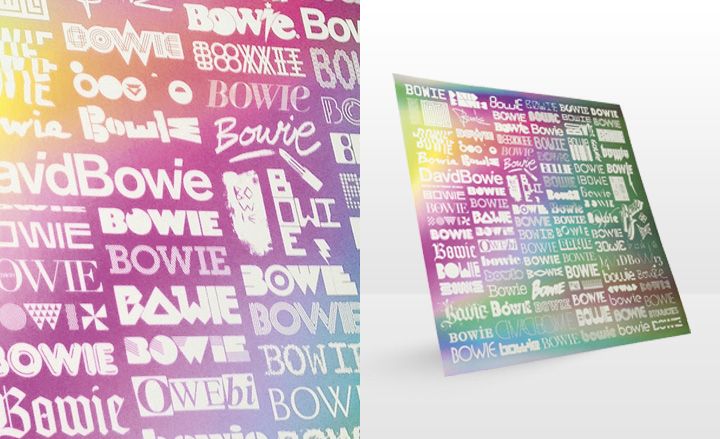 Screen-printed in matt white onto rainbow holographic paper