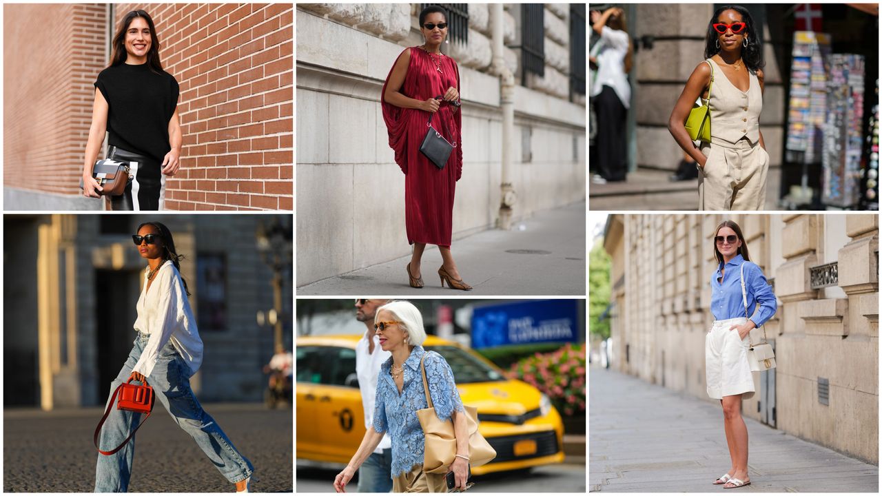 Six images of women wearing summer work outfits, including linen suits, button-down shirts, and pleated dresses