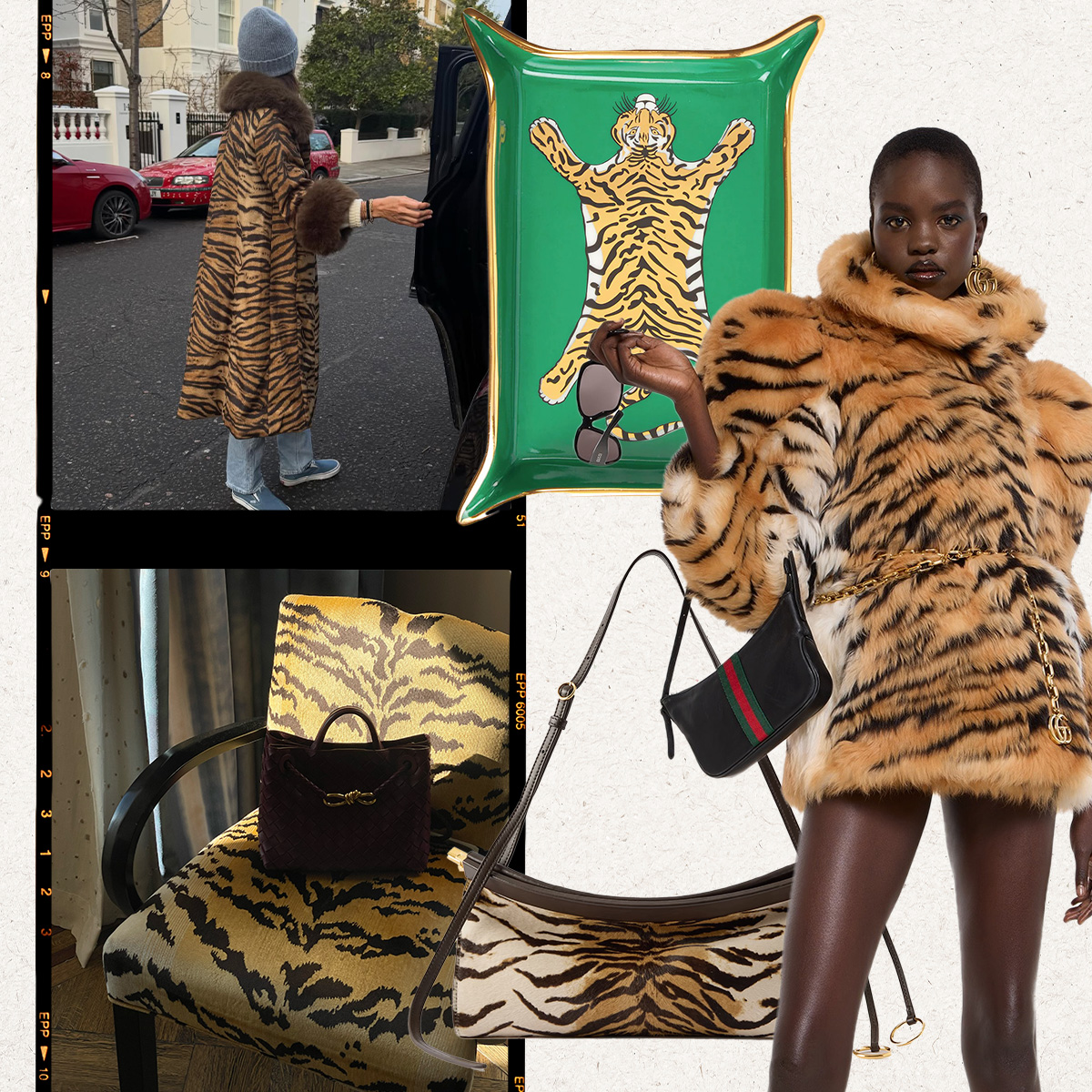 a collage of tiger-printed fashion and home items