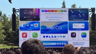 macOS 26 logo on the big screen at WWDC 2025 at Apple's HQ in Cupertino