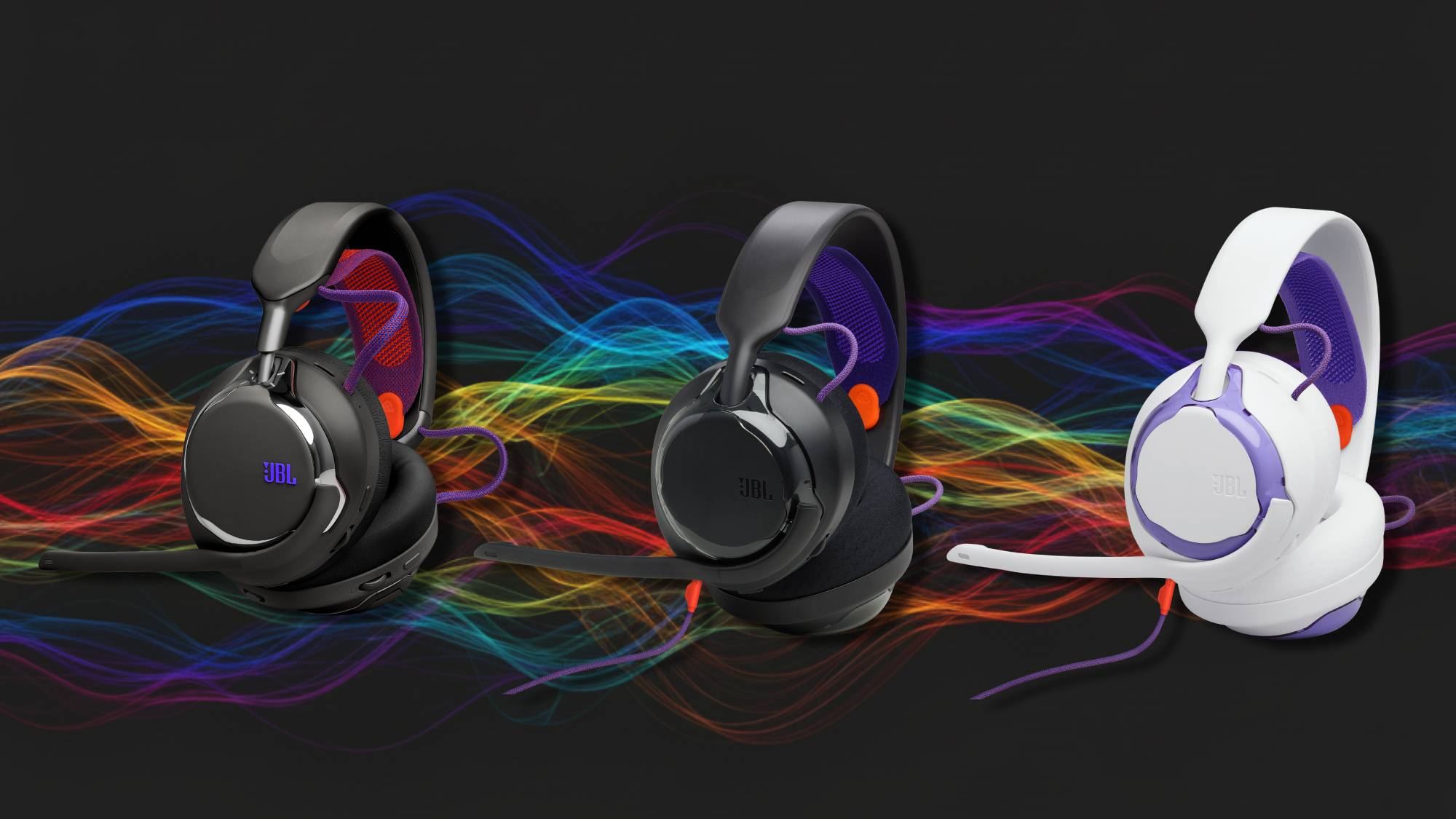 The three new JBL headsets on a colorful background.