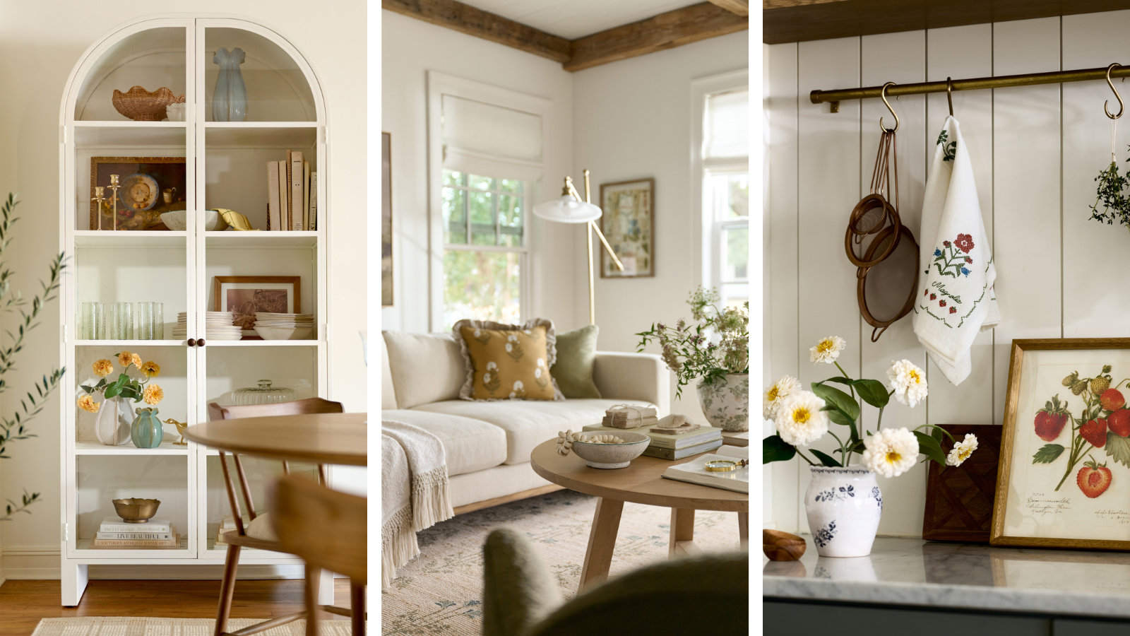 a set of three interior images, the first features a hutch with decor inside, the second is a living room with pillows and decor, and the third is a kitchen countertop with decor and a pot rack