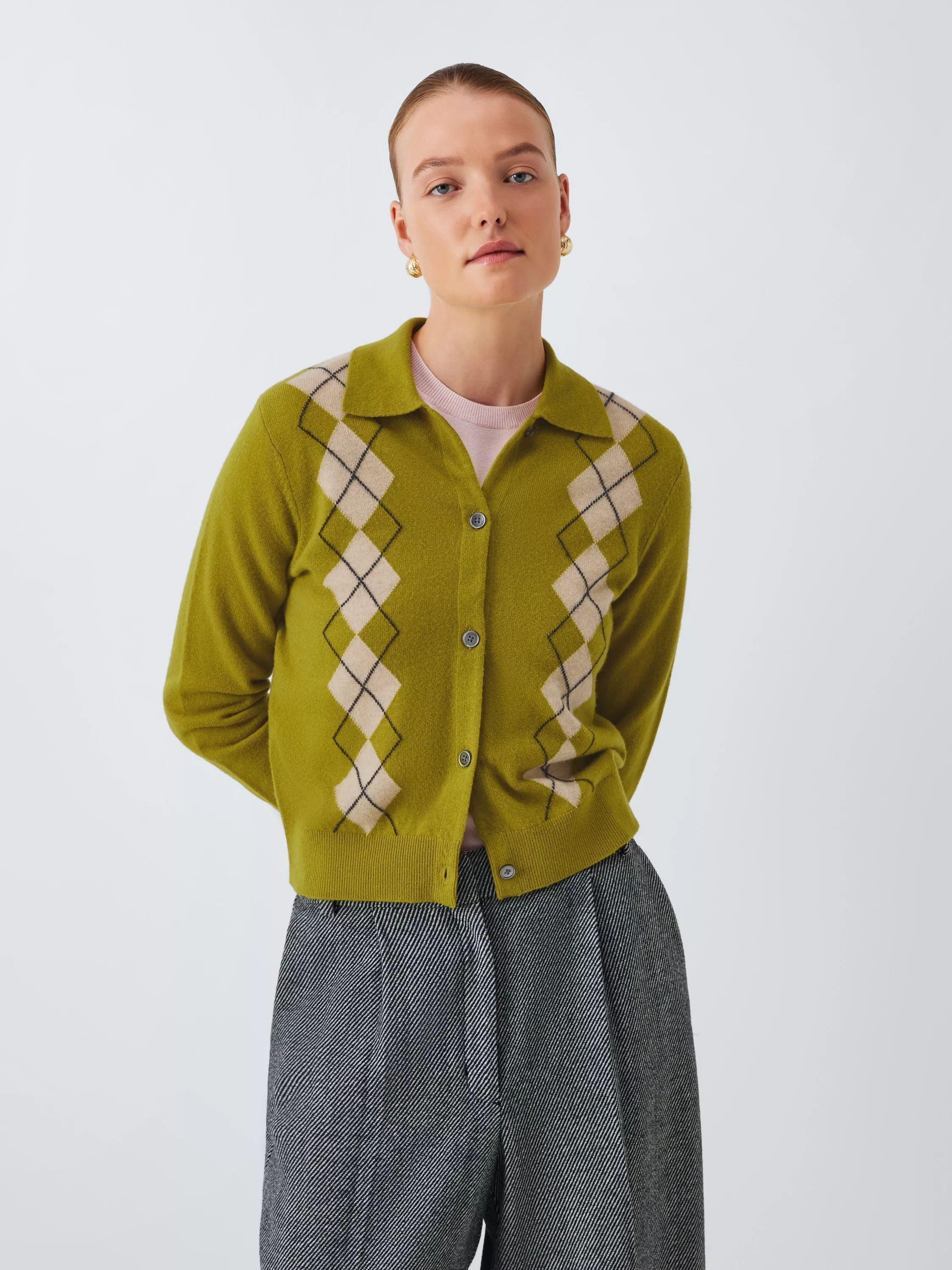 John Lewis Merino Wool Blend Collared Argyle Cardigan