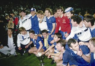 Everton players celebrate after winning the European Cup Winners' Cup in May 1985.