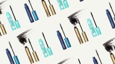 a plain backdrop with multiple repeated images of three tubing mascaras; Hourglass Unlocked Extensions, Sweed Cloud Mascara and Mac Extended Play